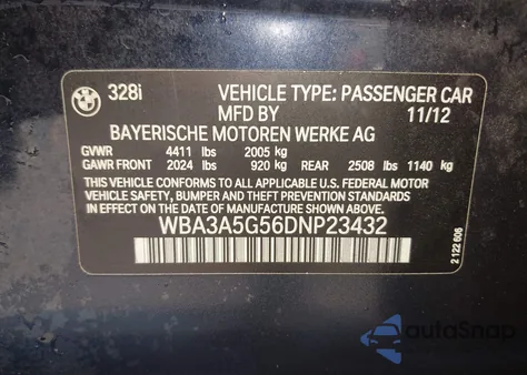 2013 BMW 328I I from USA, damaged, VIN WBA3A5G56DNP23432